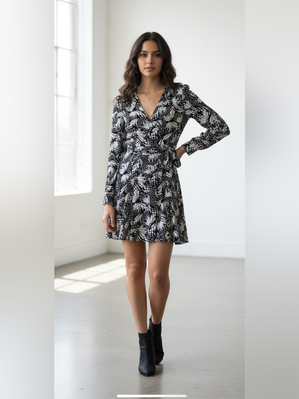 The Kooples Black & White Butterfly-Print Wrap Dress NWOT